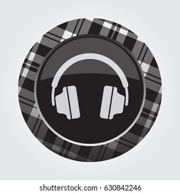 black isolated button with gray, black and white tartan pattern on the border - light gray headphones icon in front of a gray background