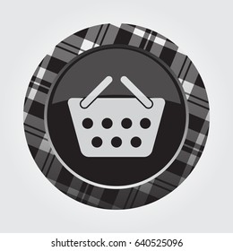 black isolated button with gray, black and white tartan pattern on the border - light gray shopping basket icon in front of a gray background