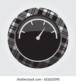 black isolated button with gray, black and white tartan pattern on the border - light gray gauge, dial symbol icon in front of a gray background