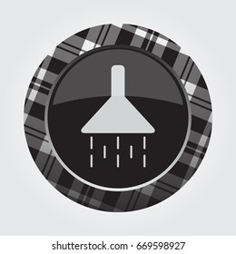 black isolated button with gray, black and white tartan pattern on the border - light gray shower icon in front of a gray background