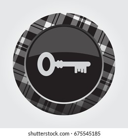 black isolated button with gray, black and white tartan pattern on the border - light gray key icon in front of a gray background