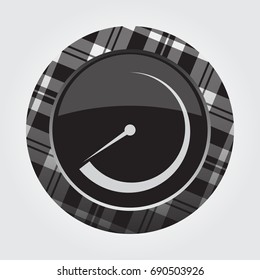 black isolated button with gray, black and white tartan pattern on the border - light gray gauge, dial symbol icon in front of a gray background
