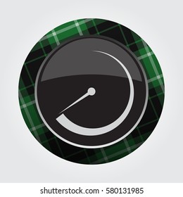 black isolated button with green, black and white tartan pattern on the border - light gray gauge, dial symbol icon in front of a gray background