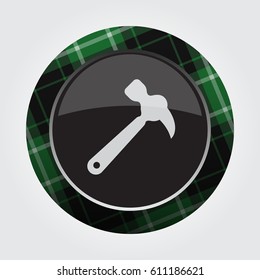 black isolated button with green, black and white tartan pattern on the border - light gray claw hammer icon in front of a gray background