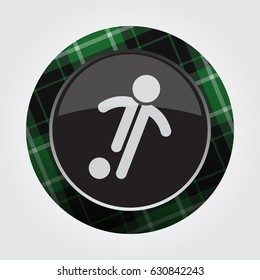 black isolated button with green, black and white tartan pattern on the border - light gray football, soccer player icon in front of a gray background