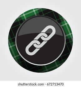 black isolated button with green, black and white tartan pattern on the border - light gray hanging chain icon in front of a gray background