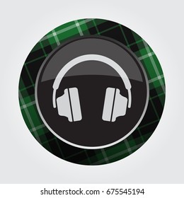 black isolated button with green, black and white tartan pattern on the border - light gray headphones icon in front of a gray background