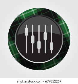 black isolated button with green, black and white tartan pattern on the border - light gray mixing console, equalizer symbol icon in front of a gray background
