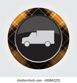 black isolated button with orange, black and white tartan pattern on the border - light gray van car icon in front of a gray background