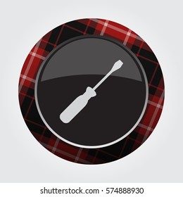 black isolated button with red, black and white tartan pattern on the border - light gray screwdriver icon in front of a gray background