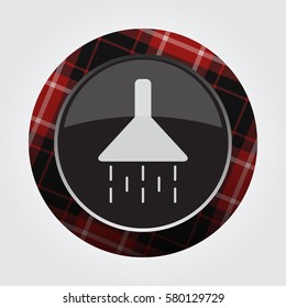 black isolated button with red, black and white tartan pattern on the border - light gray shower icon in front of a gray background