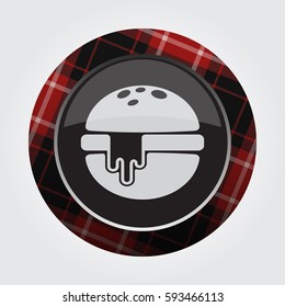 black isolated button with red, black and white tartan pattern on the border - light gray hamburger with melted cheese icon in front of a gray background