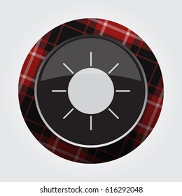 black isolated button with red, black and white tartan pattern on the border - light gray weather sun, sunny icon in front of a gray background