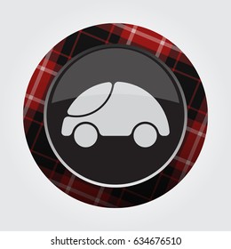 black isolated button with red, black and white tartan pattern on the border - light gray cute rounded car icon in front of a gray background