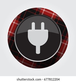 black isolated button with red, black and white tartan pattern on the border - light gray electrical plug symbol icon in front of a gray background