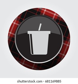 black isolated button with red, black and white tartan pattern on the border - light gray cold drink with straw icon in front of a gray background