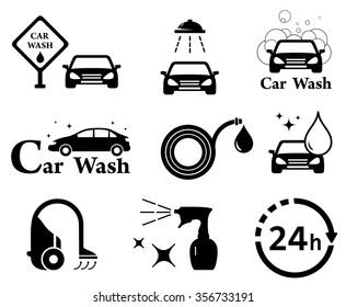 black isolated car wash icons set on white background