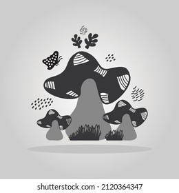 Black isolated cartoon hand drawn Mushrooms flat design icons with butterfly, leaves and textures on gray gradient background

