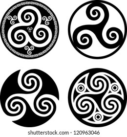Black isolated celtic triskels set in rounds, vector elements for your design