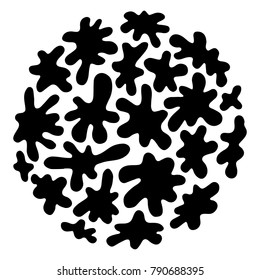 black isolated chaotic round pattern with simple shapes, ink splashes, bacteria