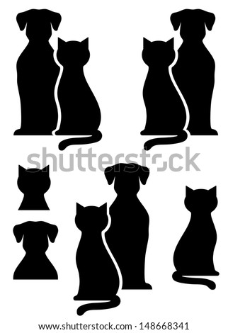 black isolated dog and cat silhouette on white background