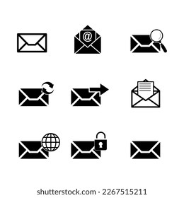 Iconos de correo electrónico aislados negros establecidos en fondo blanco..eps