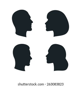 Black Isolated Faces Profiles. Men, Woman, Family Silhouettes. Vector Male and Female Signs.