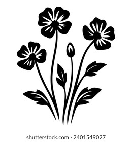 Silhouette de flores aisladas de negro. Flor negra vectorial de estilo vintage sobre fondo blanco. Diseño vectorial de tatuajes florales. Diseño floral