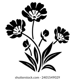 Black isolated flower silhouette. Vector black flower in vintage style on white background. Floral tattoo vector design. Floral design