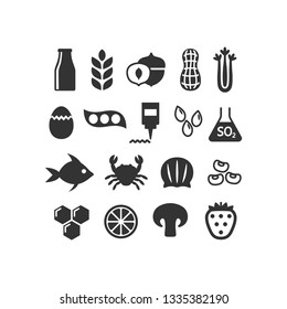 Black isolated food allergens icon set. Food allergy symbols vector silhouette set.