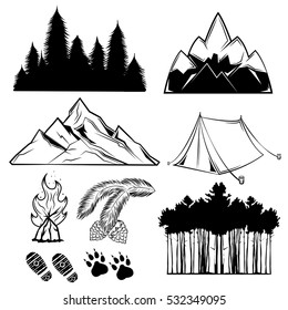 Black isolated forest tattoo element set for true lover of tourism and mountain hiking vector illustration