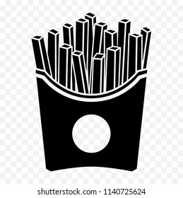 Black isolated french fries icon. French fries in a carton paper box.