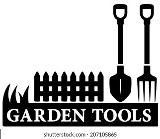 black isolated gardening tools icon with shower, pitchfork and fence