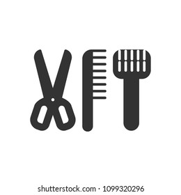 Black isolated icon of accessories for animals grooming on white background. Silhouette of grooming accessories.