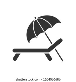 Black isolated icon of chaise lounge with umbrella on white background. Silhouette of chaise longue.