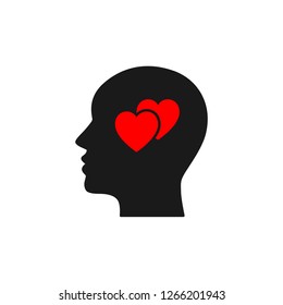 Black isolated icon of head of man and two red hearts on white background. Silhouette of head of man and hearts. Love think. Flat design.