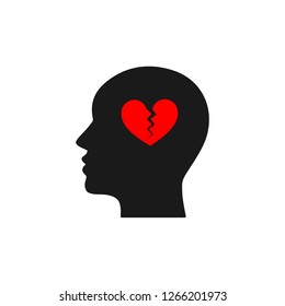 Black isolated icon of head of man and red broken heart on white background. Silhouette of head of man. Symbol of divorce, separation. Flat design.