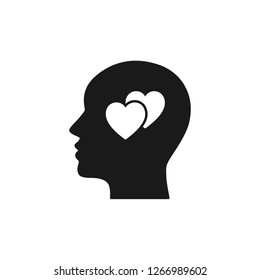 Black isolated icon of head of man and two hearts on white background. Silhouette of head of man and hearts. Love think Flat design.