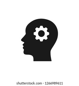 Black isolated icon of head of man and cogwheel on white background. Silhouette of head and gear wheel. Flat design.