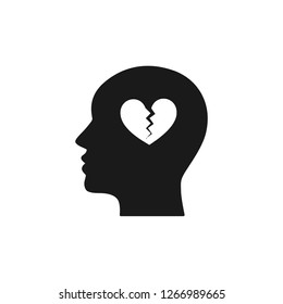 Black isolated icon of head of man and broken heart on white background. Silhouette of head of man. Symbol of divorce, separation. Flat design.