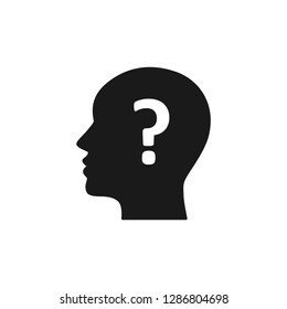 Black isolated icon of head of man and question mark on white background. Silhouette of head of man and question mark. Symbol of idea, doubt. Flat design.