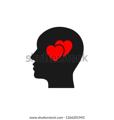 Black isolated icon of head of man and two red hearts on white background. Silhouette of head of man and hearts. Love think. Flat design.
