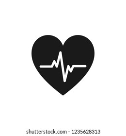 Black isolated icon of heart with pulse line on white background. Silhouette of heart. Flat design. Symbol of healthy lifestyle and love. 
