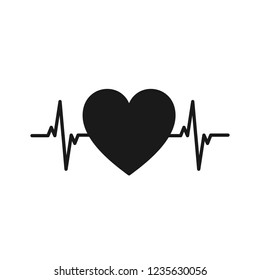 Black isolated icon of heart with pulse line on white background. Silhouette of heart. Flat design. Symbol of healthy lifestyle and love