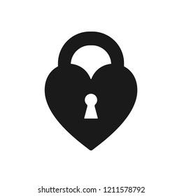 Black isolated icon of heart shape lock on white background. Silhouette of closed heart shape lock. Flat design.