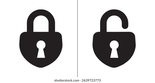 Black isolated icon of locked and unlocked lock vector on white background.