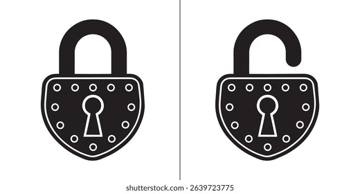 Black isolated icon of locked and unlocked lock vector on white background.