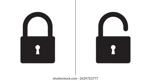 Black isolated icon of locked and unlocked lock vector on white background.