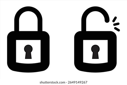 black isolated icon with locked and unlocked padlock on white background. Locked and unlocked padlock silhouette collection. Flat design.