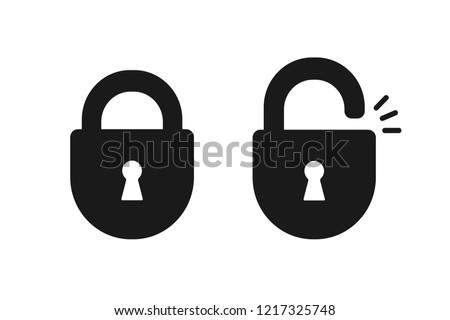 Black isolated icon of locked and unlocked lock on white background. Set of Silhouette of locked and unlocked padlock. Flat design.